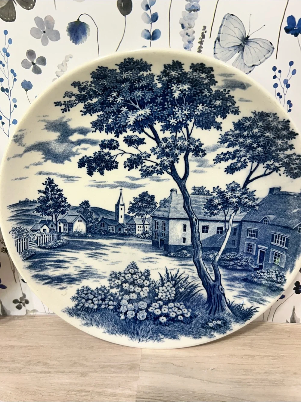 Vintage English Village Japan Blue Transferware Plates Pair